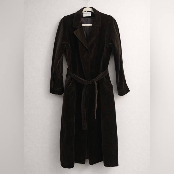 Vintage Nordstrom Velvet Trench Coat Brown Belted Long Jacket Size 10 - Picture 2 of 7